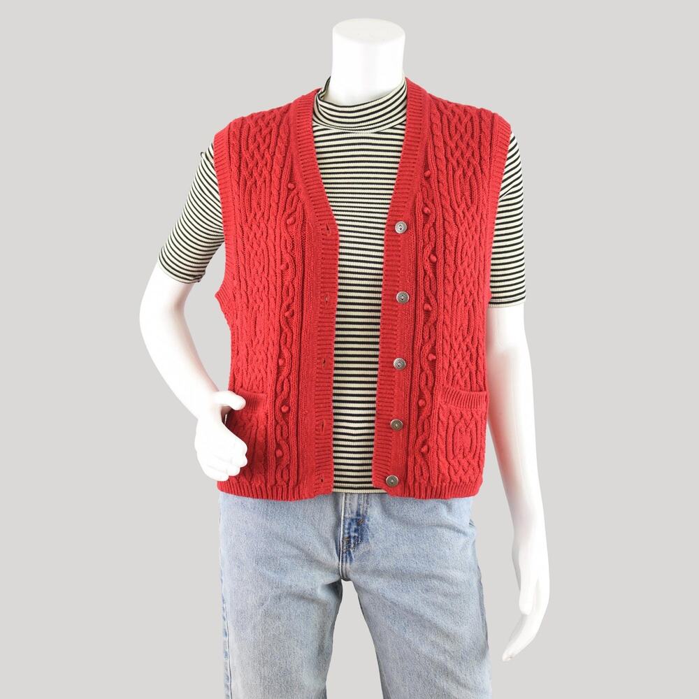 80s Red Cable Knit Sweater Vest, Vintage Karen Scott, Women's Medium